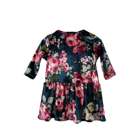 Petite Adele Girls Blue Floral Print Velvet Long Sleeve Christmas Dress 2T-8 - SophiasStyle.com
