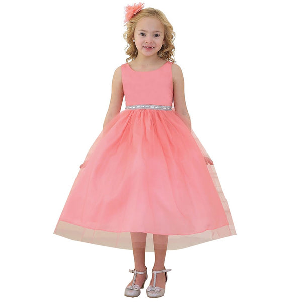 Big Girls Coral Rhinestone Tulle Junior Bridesmaid Dress 8-12 - SophiasStyle.com