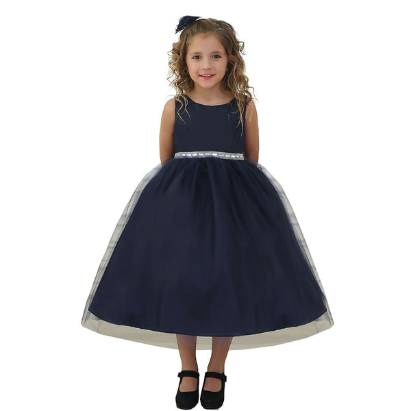 Big Girls Navy Rhinestone Tulle Junior Bridesmaid Dress 8-12 - SophiasStyle.com