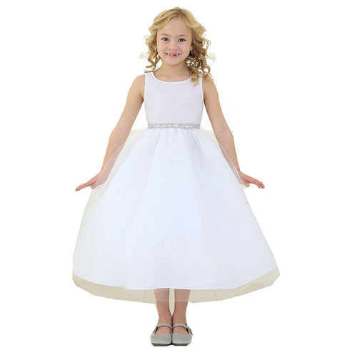 Big Girls White Rhinestone Tulle Junior Bridesmaid Dress 8-12 - SophiasStyle.com
