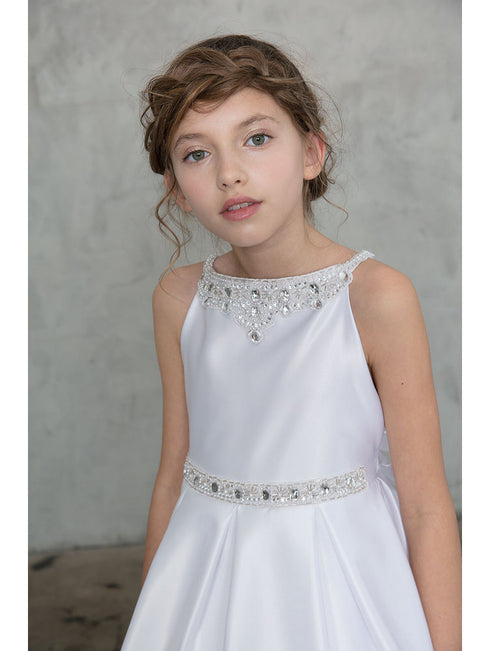 Big Girls White Satin Rhinestone Neckline Waist Band Junior Bridesmaid 8-18 - SophiasStyle.com