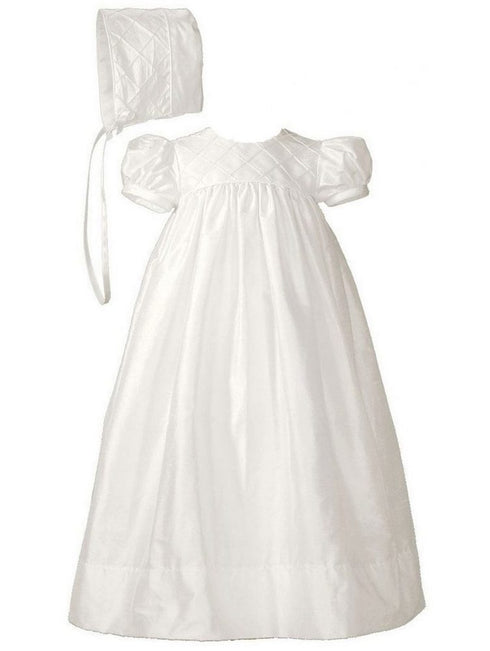 Baby Girls White Silk Lattice Bodice Short Sleeve Hat Christening Gown 0-12M - SophiasStyle.com