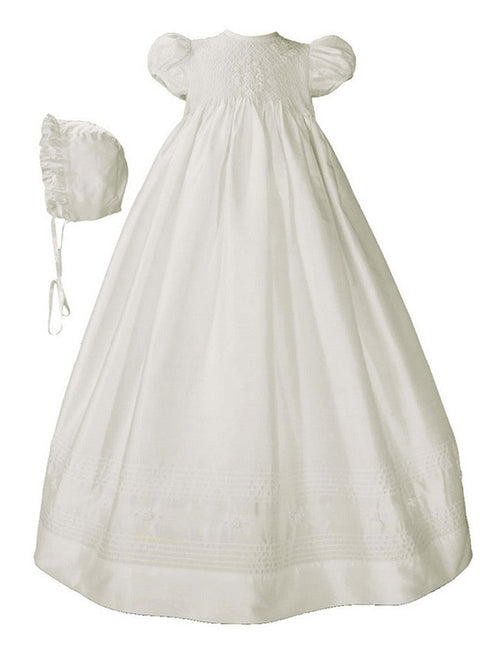 Baby Girls White Silk Smocked Bodice Christening Dress Outfit 0-24M - SophiasStyle.com