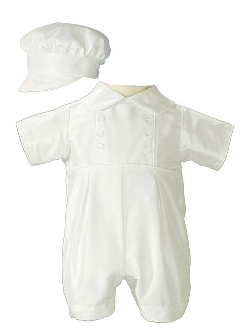 Baby Boys White Off-White Silk Short Sleeve Bonnet Christening Romper 0-24M - SophiasStyle.com
