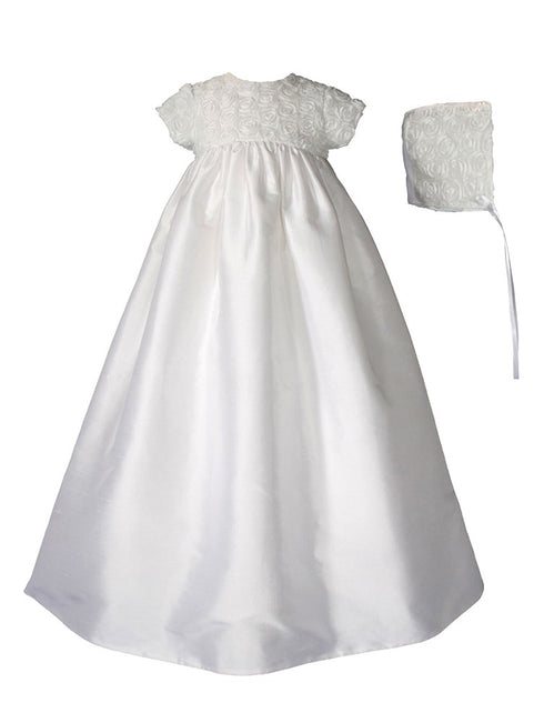 Baby Girls White Dupioni Silk Rosette Bonnet Christening Dress Gown 0-12M - SophiasStyle.com