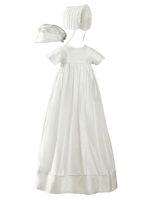 Baby Unisex Off White Silk 2 Hats Short Sleeve Christening Heirloom Gown 0-12M - SophiasStyle.com