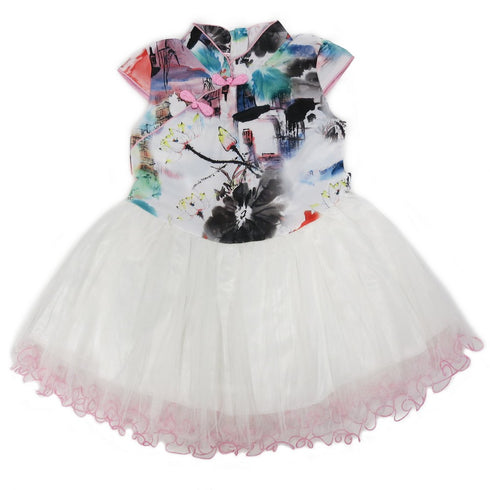 Little Girls Pink White Printing Silk Tulle Cheongsam Dress 24M-8 - SophiasStyle.com