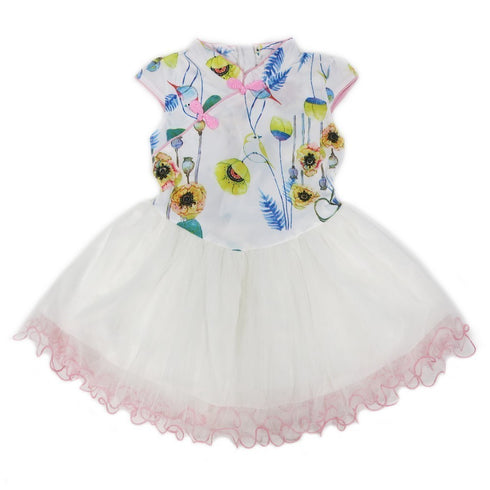 Little Girls Light Blue Chinese Printing Silk Cheongsam Dress 24M-8 - SophiasStyle.com