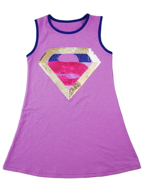 Girls Purple Glitter Sequin Super Girl Applique Cotton Dress 9M-8 - SophiasStyle.com