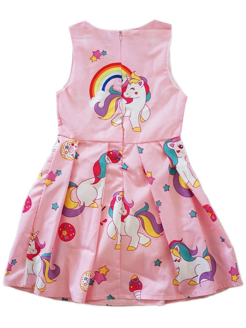 Girls Pink Rainbow Unicorn Print A-Line Cotton Dress 9M-8 - SophiasStyle.com