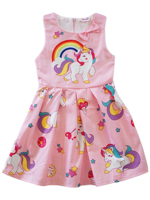 Girls Pink Rainbow Unicorn Print A-Line Cotton Dress 9M-8 - SophiasStyle.com