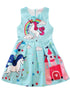 Girls Blue Rainbow Unicorn Print Bow A-Line Cotton Dress 9M-8 - SophiasStyle.com