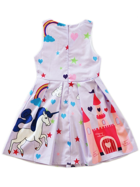 Girls Lavender Rainbow Unicorn Print Bow A-Line Cotton Dress 9M-8 - SophiasStyle.com