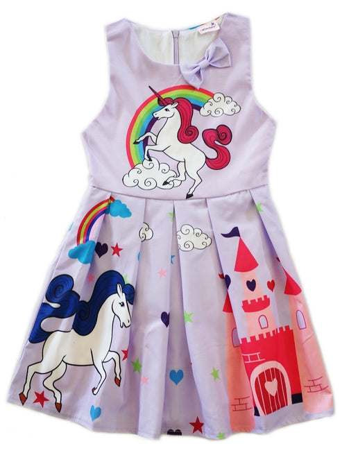 Girls Lavender Rainbow Unicorn Print Bow A-Line Cotton Dress 9M-8 - SophiasStyle.com