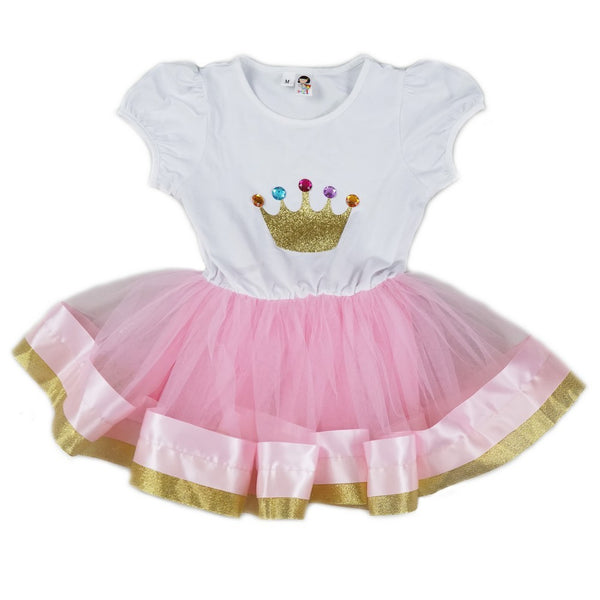 Girls Pink White Gold Crown Detail Birthday Dress S (9-24M)-XL (6-8) - SophiasStyle.com