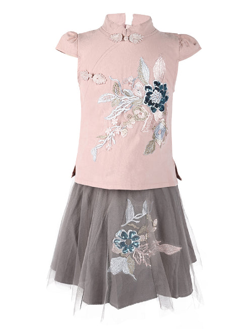 Girls Pink Gray Embroidery 2 Pieces Cotton Dress 24M-10 - SophiasStyle.com