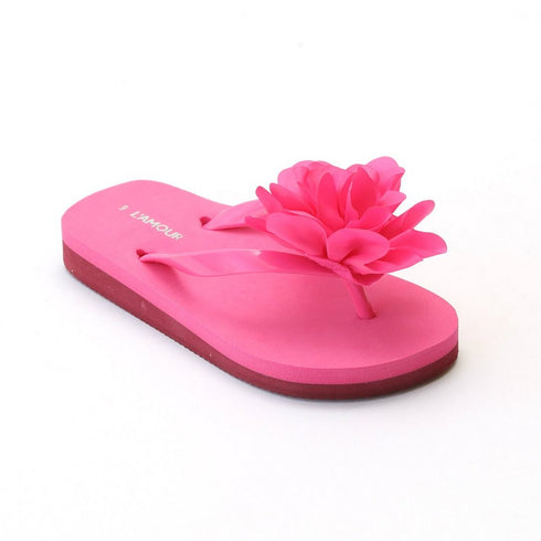 L`Amour Little Girls Fuchsia Organza Flower Flip Flops 11-4 Kids - SophiasStyle.com