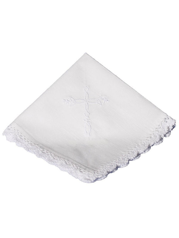 Little Things Mean A Lot White Embroidered Cross Christening Handkerchief - SophiasStyle.com