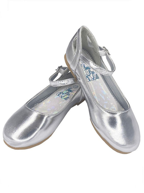 Lito Girls Silver Ankle Strap Elsa Flat Dress Shoes 9 Toddler-5 Kids - SophiasStyle.com