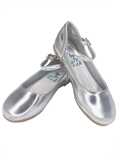 Lito Girls Silver Ankle Strap Elsa Flat Dress Shoes 9 Toddler-5 Kids - SophiasStyle.com