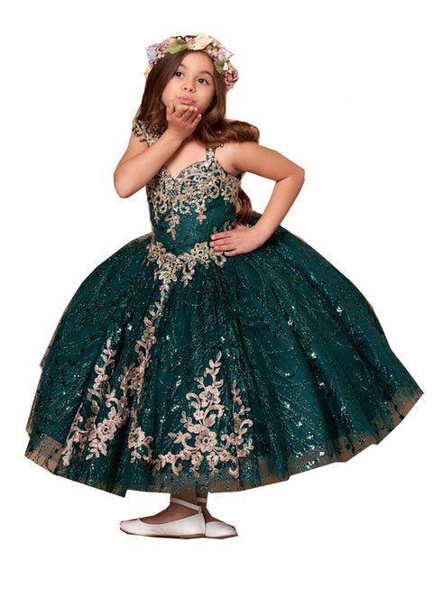 Girls Emerald Green Floral Appliques Ball Gown 3-16 - SophiasStyle.com
