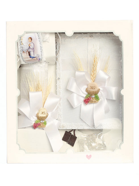 Tip Top Kids Boys White Pearl Wheat First Communion Candle Set English - SophiasStyle.com