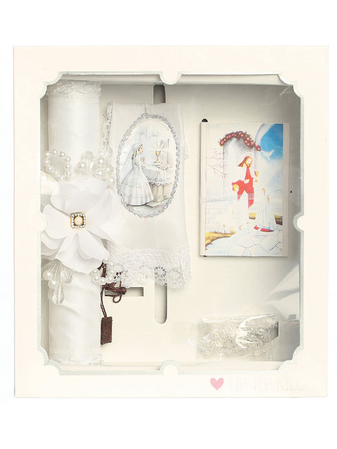 Girls White Pearl Rhinestone Flower First Communion Candle Set English - SophiasStyle.com
