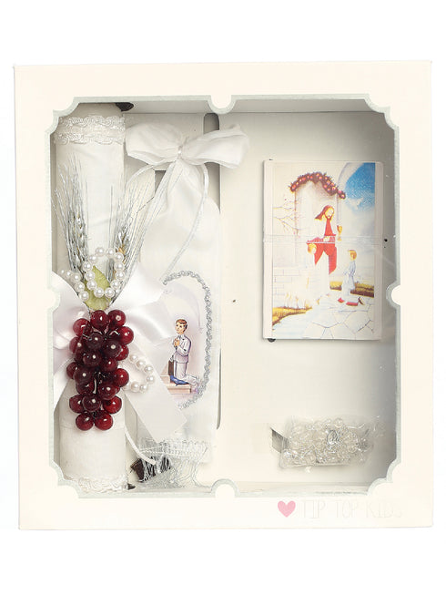 Tip Top Kids Boys White Pearl Silver Wheat First Communion Candle Set English - SophiasStyle.com