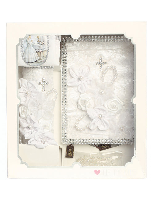 Girls White Pearl Rhinestone Cross 3D Flower First Communion Candle Set Spanish - SophiasStyle.com