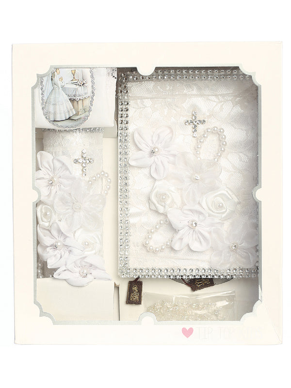 Girls White Pearl Rhinestone Cross 3D Flower First Communion Candle Set Spanish - SophiasStyle.com