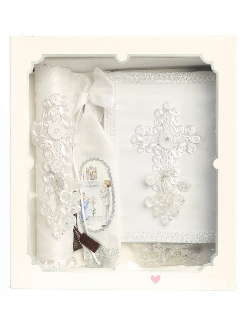 Tip Top Kids Boys White Adornment Embroidered Cross Communion Candle Set English - SophiasStyle.com