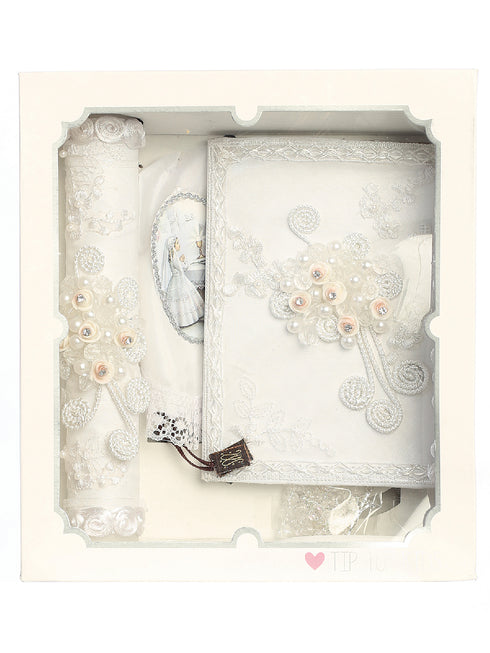 Girls White Pearl Rhinestone Embroidered First Communion Candle Set Spanish - SophiasStyle.com