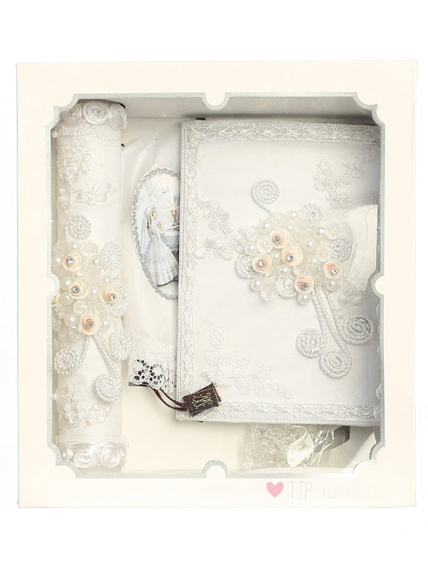 Girls White Pearl Rhinestone Embroidered First Communion Candle Set English - SophiasStyle.com