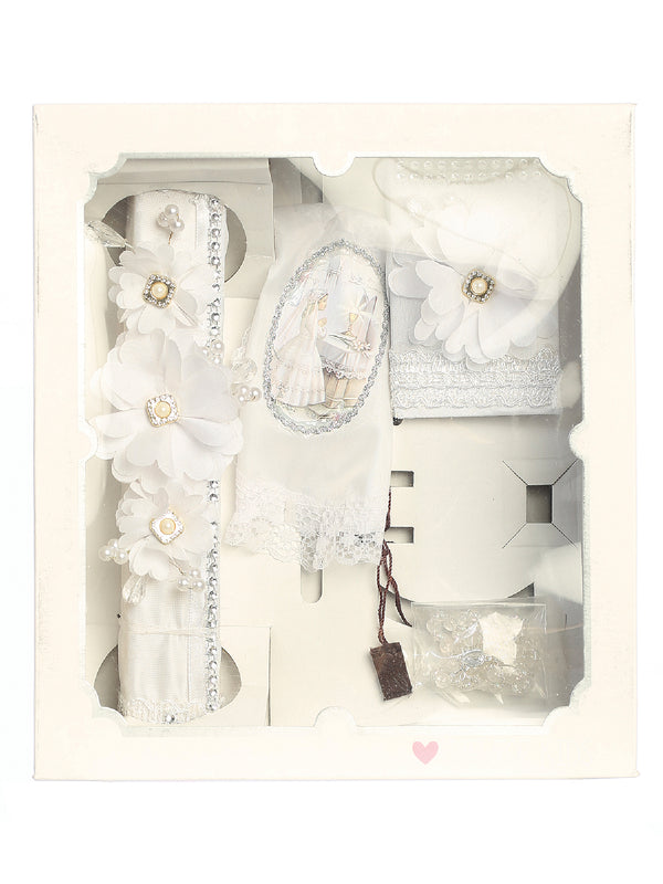 Girls White Pearl Rhinestone 3D Flower Lace First Communion Candle Set English - SophiasStyle.com