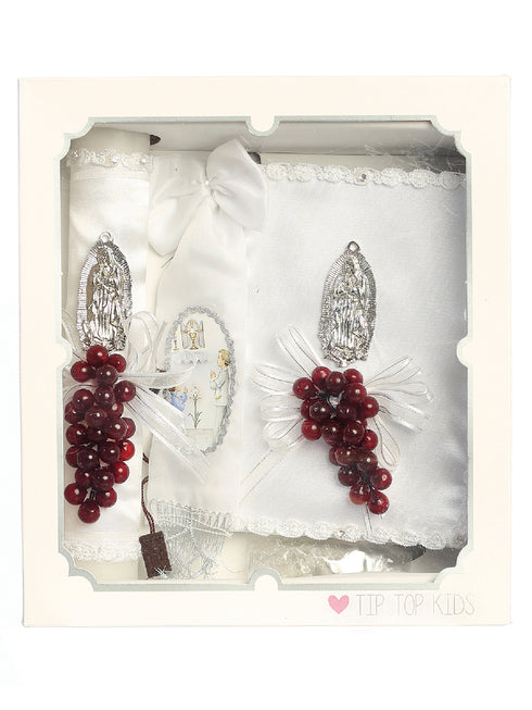 Boys White Rhinestone Virgin Mary Ribbon Flower Communion Candle Set Spanish - SophiasStyle.com