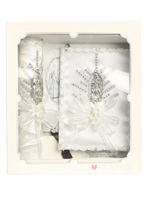 Girls White Rhinestone Virgin Mary Ribbon Flower Communion Candle Set English - SophiasStyle.com