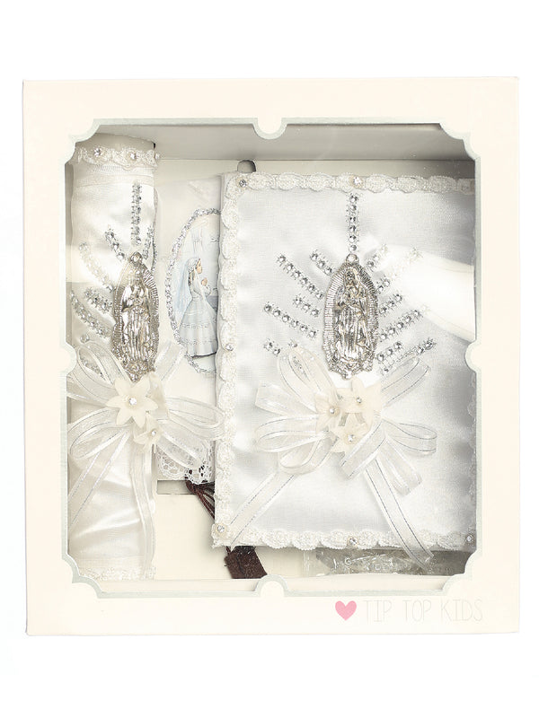 Girls White Rhinestone Virgin Mary Ribbon Flower Communion Candle Set English - SophiasStyle.com