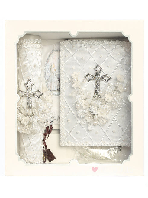 Girls White Metal Cross Pearl Flower Applique Communion Candle Set Spanish - SophiasStyle.com