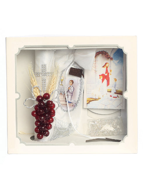 Boys White Silver Rhinestone Cross First Communion Candle Set Spanish - SophiasStyle.com
