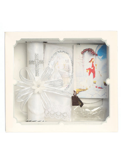 Girls White Rhinestone Cross Ribbon Flower First Communion Candle Set English - SophiasStyle.com