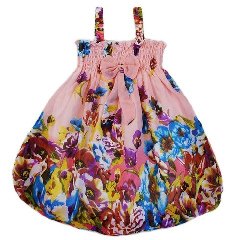 Little Girls Pink Coral Strap Bow Floral Chiffon Baby Doll Dress 24M-8 - SophiasStyle.com