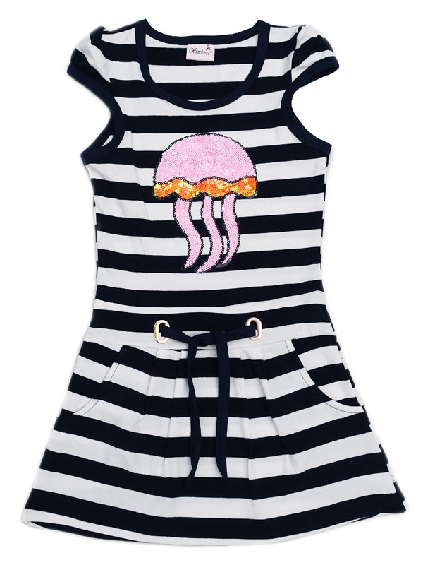 Girls Navy Pink Sequin Jellyfish Polo Stripes Dress 9M-8 - SophiasStyle.com