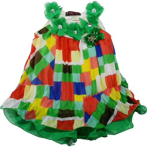 Little Girls Green Geometric Print Crinkling Chiffon Swing Dress 24M-8 - SophiasStyle.com