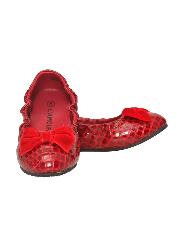 L'Amour Girls Red Croc Embossed Bow Elasticized Flats 5-10 Toddler - SophiasStyle.com