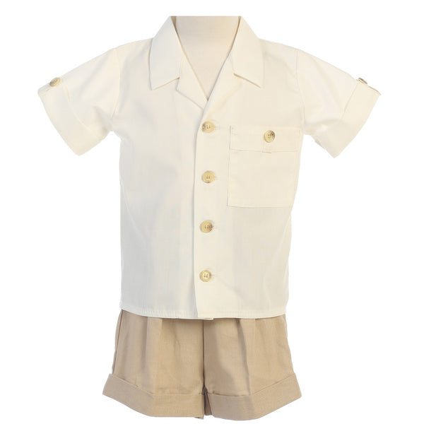 Lito Baby Boys Khaki White Poly Cotton Shirt Rayon Linen Shorts Set 3-24M - SophiasStyle.com
