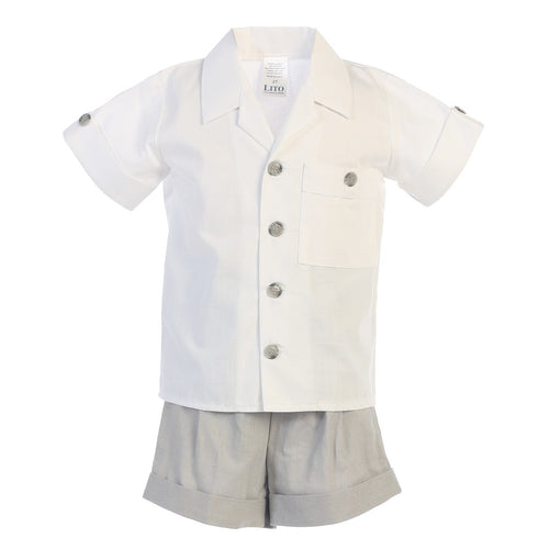 Lito Baby Boys Light Gray Poly Cotton Shirt Rayon Linen Shorts Set 3-24M - SophiasStyle.com