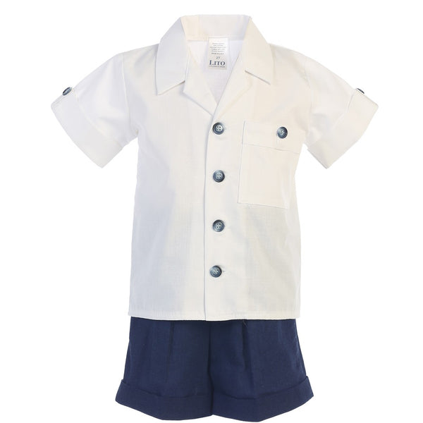Lito Baby Boys Navy White Poly Cotton Shirt Rayon Linen Shorts Set 3-24M - SophiasStyle.com