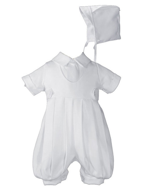 Baby Boys White Gabardine Short Sleeves Satin Tie Hat Christening Outfit NB-24M - SophiasStyle.com