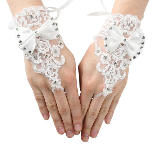 Girls White Rhinestone Satin Bow Lace Fingerless Communion Flower Girl Gloves - SophiasStyle.com