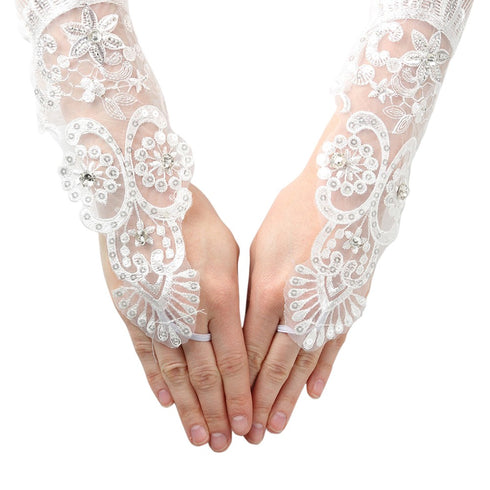 Girls White Clear Bead Lace Mesh Fingerless Communion Flower Girl Gloves - SophiasStyle.com